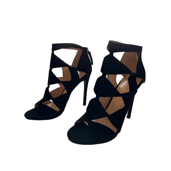 Liliana Shoes - Liliana Black Velvet Heels Diamond Cutouts Open Toe Back Zipper Party Size 8.5